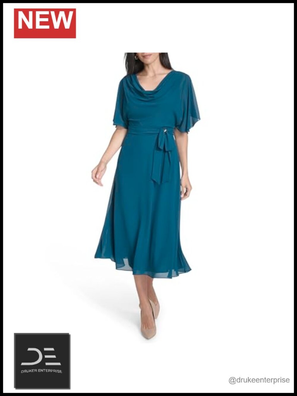 Short Sleeve Cowl Neck Belted Chiffon Blouson Midi Dress